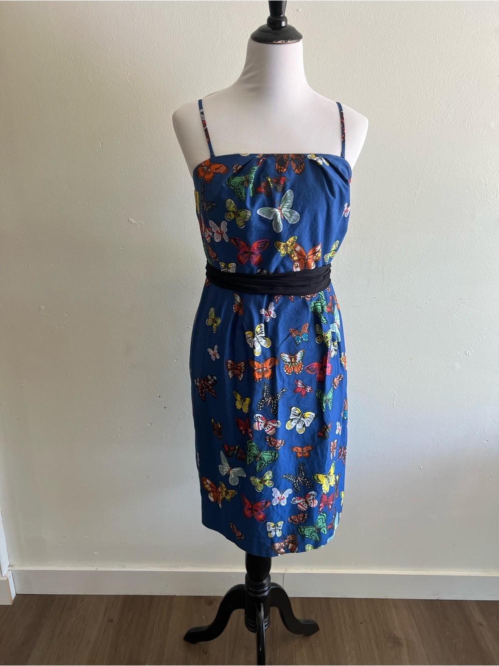 Blue Butterfly Print Removable Spaghetti-Strap Mini Dress with Black Waistband